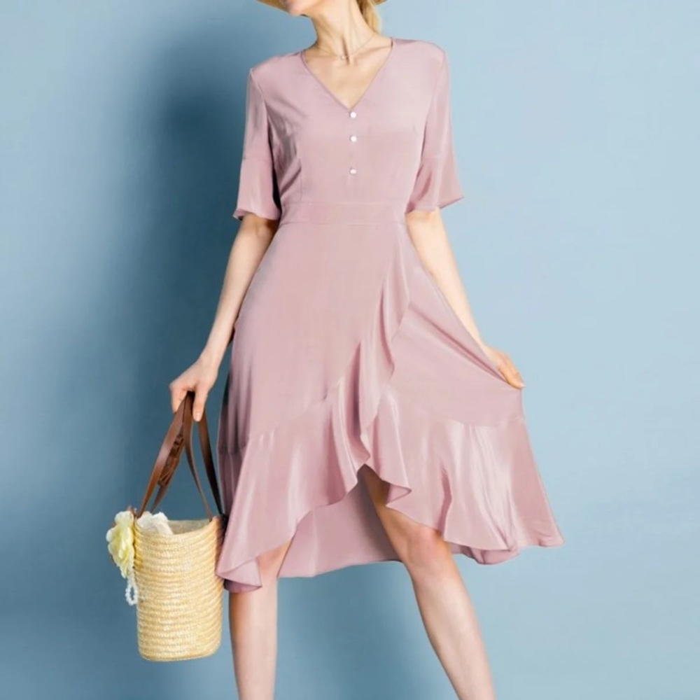 LilySilk 100% Silk Mauve Ruffle Dress V Neck